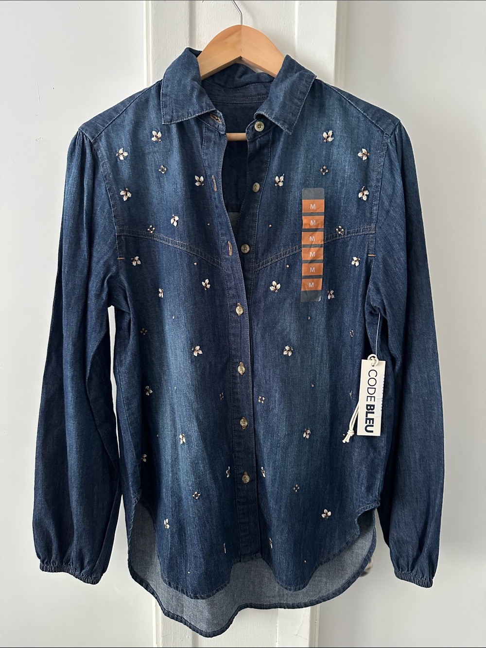 Code Bleu Navy Denim Button-Up with White Tag Detail